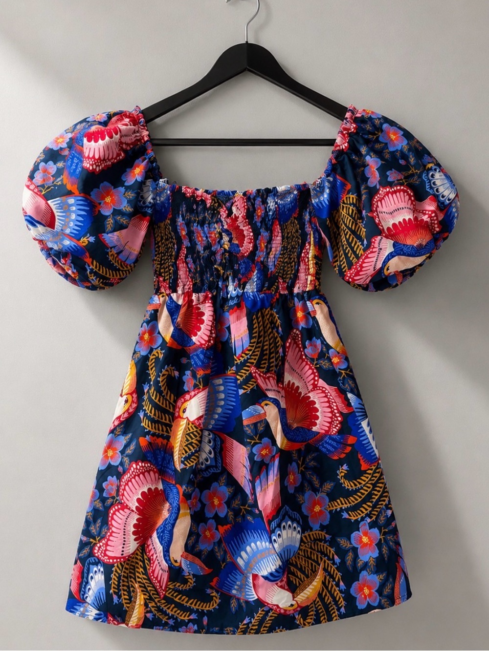 FARM RIO Tropical Bird Print Puff Sleeve Mini Dress Size L - Picture 2 of 12